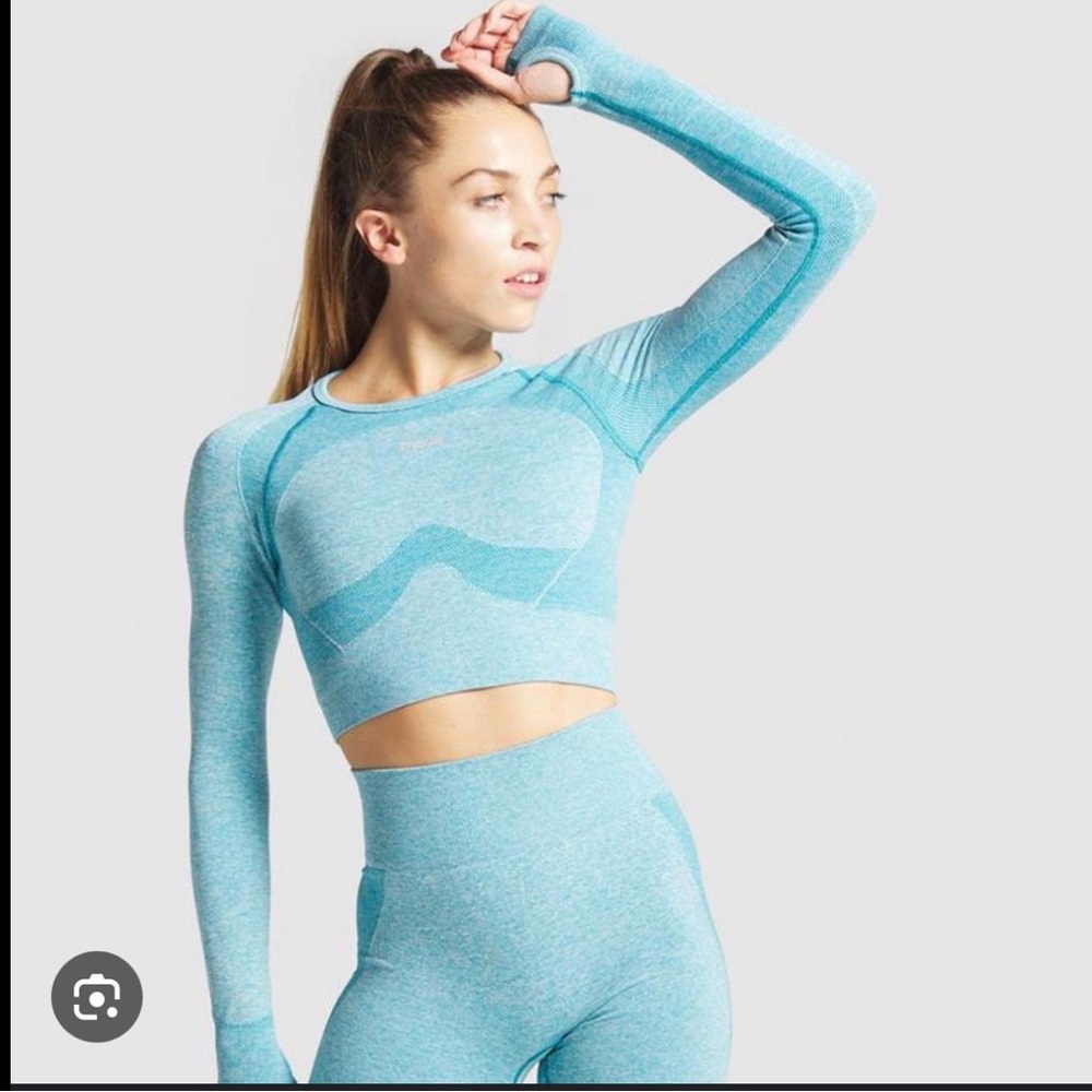 Gymshark Seamless Leggings + Long Sleeve Crop Top Set Blue Teal Marl Size S
